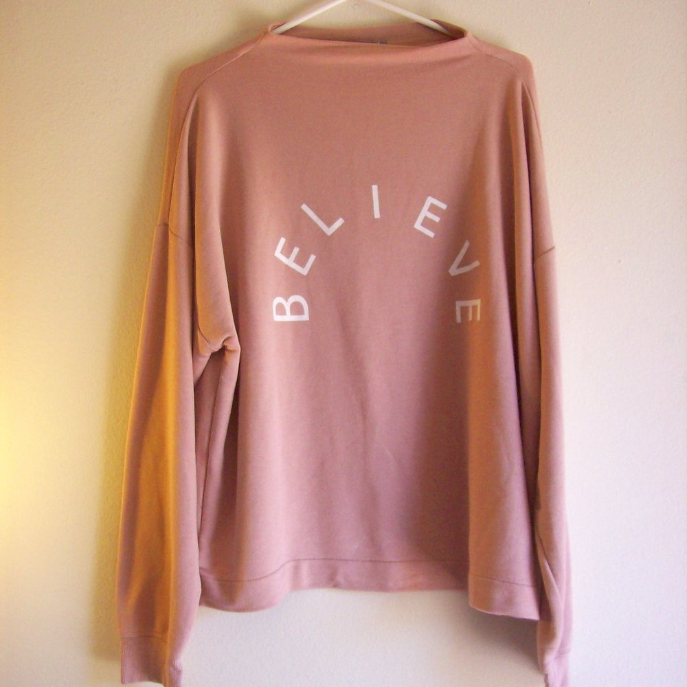 Marled Mauve Believe Print  Mock Neck Top SZ - XL